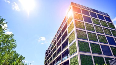 Ağaçlı modern şehir ekonomi bürosu binası. Modern mimari cephesinin detaylı görüntüleri, iş kavramları. Çevre. Modern bina ve ağaçlar, çift pozlama.