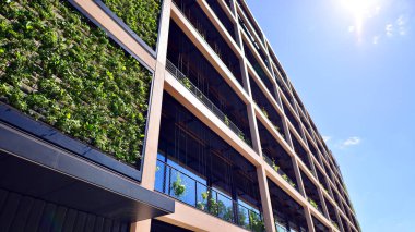 Ön cephesinde bitkiler olan yeşil ofis binası. Ekoloji ve yeşil yaşam şehirde, kentsel çevre kavramı. Çevre mimarisi. 