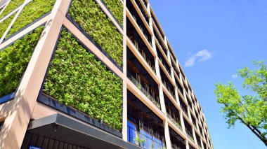 Ağaçlı modern şehir ekonomi bürosu binası. Modern mimari cephesinin detaylı görüntüleri, iş kavramları. Çevre. Modern bina ve ağaçlar, çift pozlama.