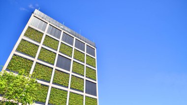 Ağaçlı modern şehir ekonomi bürosu binası. Modern mimari cephesinin detaylı görüntüleri, iş kavramları. Çevre. Modern bina ve ağaçlar, çift pozlama.