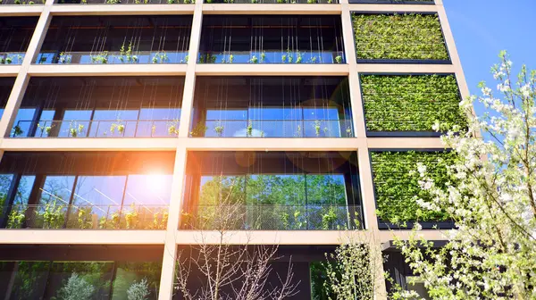 Ağaçlı modern şehir ekonomi bürosu binası. Modern mimari cephesinin detaylı görüntüleri, iş kavramları. Çevre. Modern bina ve ağaçlar, çift pozlama.