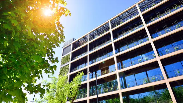 Ağaçlı modern şehir ekonomi bürosu binası. Modern mimari cephesinin detaylı görüntüleri, iş kavramları. Çevre. Modern bina ve ağaçlar, çift pozlama.