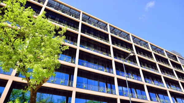 Ağaçlı modern şehir ekonomi bürosu binası. Modern mimari cephesinin detaylı görüntüleri, iş kavramları. Çevre. Modern bina ve ağaçlar, çift pozlama.