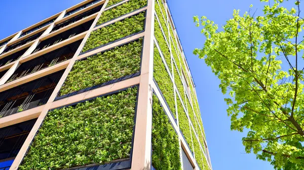 Ağaçlı modern şehir ekonomi bürosu binası. Modern mimari cephesinin detaylı görüntüleri, iş kavramları. Çevre. Modern bina ve ağaçlar, çift pozlama.