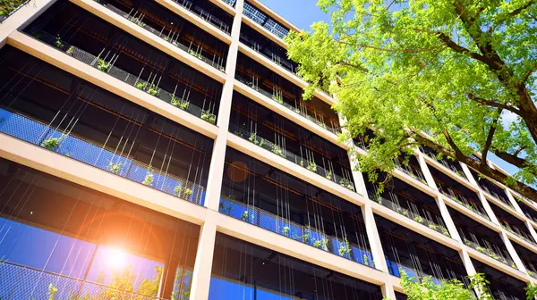 Ağaçlı modern şehir ekonomi bürosu binası. Modern mimari cephesinin detaylı görüntüleri, iş kavramları. Çevre. Modern bina ve ağaçlar, çift pozlama.