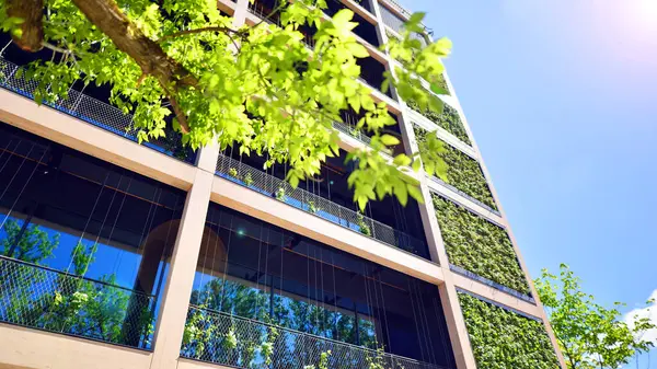 Ağaçlı modern şehir ekonomi bürosu binası. Modern mimari cephesinin detaylı görüntüleri, iş kavramları. Çevre. Modern bina ve ağaçlar, çift pozlama.