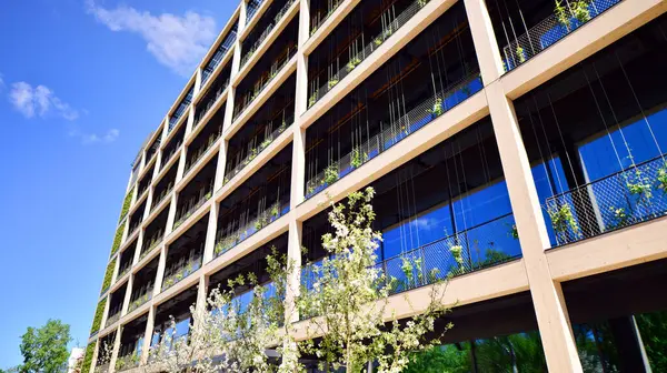 Ağaçlı modern şehir ekonomi bürosu binası. Modern mimari cephesinin detaylı görüntüleri, iş kavramları. Çevre. Modern bina ve ağaçlar, çift pozlama.
