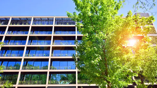 Ağaçlı modern şehir ekonomi bürosu binası. Modern mimari cephesinin detaylı görüntüleri, iş kavramları. Çevre. Modern bina ve ağaçlar, çift pozlama.