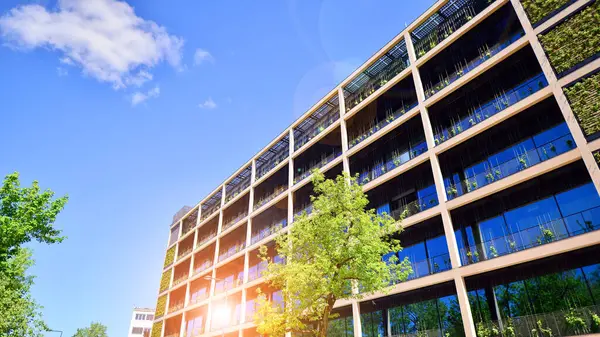 Ağaçlı modern şehir ekonomi bürosu binası. Modern mimari cephesinin detaylı görüntüleri, iş kavramları. Çevre. Modern bina ve ağaçlar, çift pozlama.