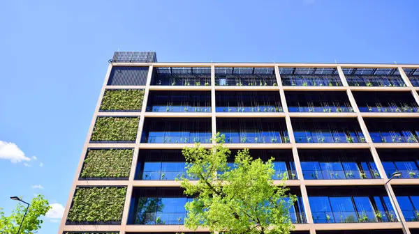 Ağaçlı modern şehir ekonomi bürosu binası. Modern mimari cephesinin detaylı görüntüleri, iş kavramları. Çevre. Modern bina ve ağaçlar, çift pozlama.