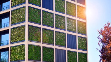 Ağaçlı modern şehir ekonomi bürosu binası. Modern mimari cephesinin detaylı görüntüleri, iş kavramları. Çevre. Modern bina ve ağaçlar, çift pozlama.