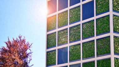 Ağaçlı modern şehir ekonomi bürosu binası. Modern mimari cephesinin detaylı görüntüleri, iş kavramları. Çevre. Modern bina ve ağaçlar, çift pozlama.