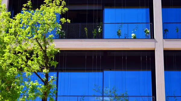 Ağaçlı modern şehir ekonomi bürosu binası. Modern mimari cephesinin detaylı görüntüleri, iş kavramları. Çevre. Modern bina ve ağaçlar, çift pozlama.