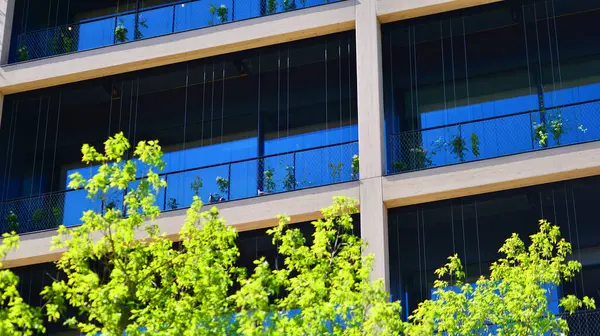 Ağaçlı modern şehir ekonomi bürosu binası. Modern mimari cephesinin detaylı görüntüleri, iş kavramları. Çevre. Modern bina ve ağaçlar, çift pozlama.