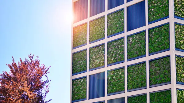 Ağaçlı modern şehir ekonomi bürosu binası. Modern mimari cephesinin detaylı görüntüleri, iş kavramları. Çevre. Modern bina ve ağaçlar, çift pozlama.