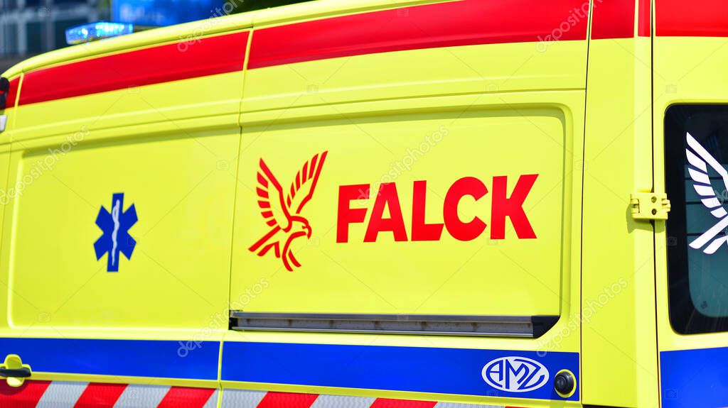 Warsaw, Poland. 25.05.2025. Falck car with logo. Falck is organization with safety services activities as emergency health care.