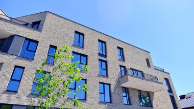 Çevre mimarisi. Yeşil ağaç ve yeni konut binası. Doğanın ve modernliğin ahengi. Yeşil yerleşim bölgesinde yeni daireleri olan modern bir apartman..