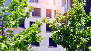 Yeşil bölgedeki yeni apartman blokları. karmaşık. Yeşil bölgedeki yeni apartman blokları. Avrupa 'daki yerleşim yerleri doğayla uyum içinde. Çevre dostu, yeşilliklerle dolu bir şehir..