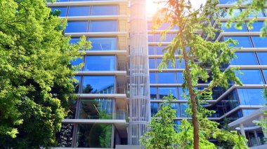 Karbondioksiti azaltmak için ağaçlı sürdürülebilir cam ofis binası. Modern şehirde çevre dostu bir bina. Yeşil çevresi olan bir ofis. Şirket binası CO2 'yi düşürdü.