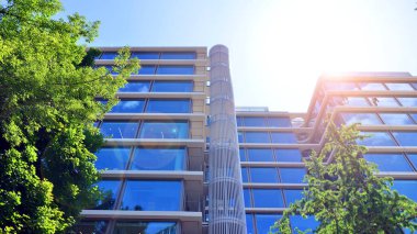 Karbondioksiti azaltmak için ağaçlı sürdürülebilir cam ofis binası. Modern şehirde çevre dostu bir bina. Yeşil çevresi olan bir ofis. Şirket binası CO2 'yi düşürdü.