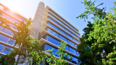 Karbondioksiti azaltmak için ağaçlı sürdürülebilir cam ofis binası. Modern şehirde çevre dostu bir bina. Yeşil çevresi olan bir ofis. Şirket binası CO2 'yi düşürdü.