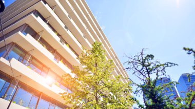 Yeşil çevresi olan bir ofis. Şirket binası karbondioksiti azaltır. Karbondioksiti azaltmak için ağaçlı sürdürülebilir cam ofis binası. Modern şehirde çevre dostu bir bina..
