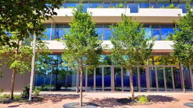 Yeşil çevresi olan bir ofis. Şirket binası karbondioksiti azaltır. Karbondioksiti azaltmak için ağaçlı sürdürülebilir cam ofis binası. Modern şehirde çevre dostu bir bina..