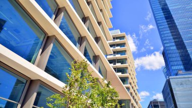 Yeşil çevresi olan bir ofis. Şirket binası karbondioksiti azaltır. Karbondioksiti azaltmak için ağaçlı sürdürülebilir cam ofis binası. Modern şehirde çevre dostu bir bina..