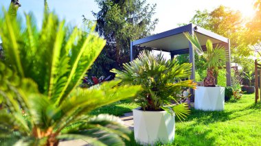 Güzel bahçesinde şık bahçe mobilyaları olan modern alüminyum pergola..