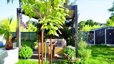 Güzel bahçesinde şık bahçe mobilyaları olan modern alüminyum pergola..