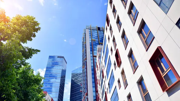 Karbondioksiti azaltmak için ağaçlı sürdürülebilir cam ofis binası. Modern şehirde çevre dostu bir bina. Yeşil çevresi olan bir ofis. Şirket binası CO2 'yi düşürdü.