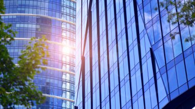 Karbondioksiti azaltmak için ağaçlı sürdürülebilir cam ofis binası. Modern şehirde çevre dostu bir bina. Yeşil çevresi olan bir ofis. Şirket binası CO2 'yi düşürdü.