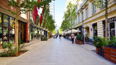Warsaw, Poland. 21 September 2025. Chmielna in downton lined with granite slabs and planted with plants and shrubs street. City promenade during summer day. City architecture with shops and greenery.