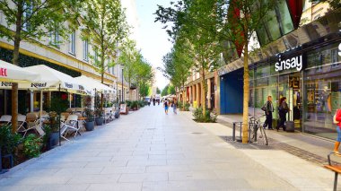 Warsaw, Poland. 21 September 2025. Chmielna in downton lined with granite slabs and planted with plants and shrubs street. City promenade during summer day. City architecture with shops and greenery.