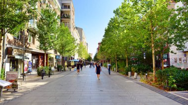Warsaw, Poland. 21 September 2025. Chmielna in downton lined with granite slabs and planted with plants and shrubs street. City promenade during summer day. City architecture with shops and greenery.