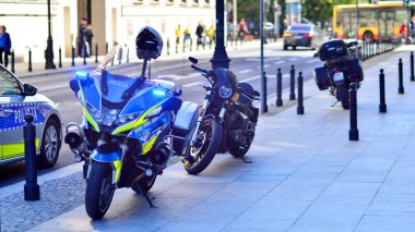 Warsaw, Poland. 26 September 2025. A BMW police motorcycle in Polish police colors stands on the street.