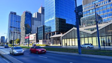 Warsaw, Poland. 26 September 2025. The center of city with skyscrapers. Downtown business district of city with Studio Tower and Fabryka Norblina office centrum. Prosta street.