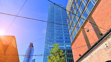 Etrafı yeşil ağaçlarla çevrili cam ofis binası. Çevre dostu ofis binası. Şehrin sürdürülebilir mimarisi ısı karbondioksit azaltıyor modern şehir çevresi.