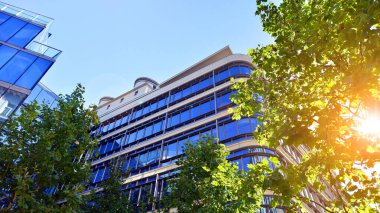 Etrafı yeşil ağaçlarla çevrili cam ofis binası. Çevre dostu ofis binası. Şehrin sürdürülebilir mimarisi ısı karbondioksit azaltıyor modern şehir çevresi.