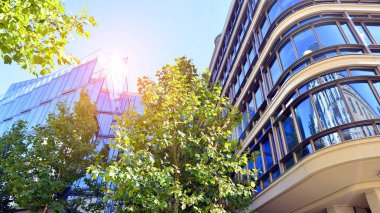 Etrafı yeşil ağaçlarla çevrili cam ofis binası. Çevre dostu ofis binası. Şehrin sürdürülebilir mimarisi ısı karbondioksit azaltıyor modern şehir çevresi.