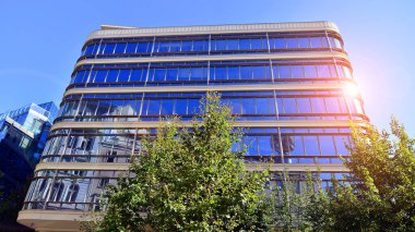 Etrafı yeşil ağaçlarla çevrili cam ofis binası. Çevre dostu ofis binası. Şehrin sürdürülebilir mimarisi ısı karbondioksit azaltıyor modern şehir çevresi.