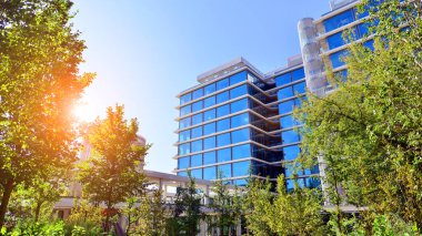 Etrafı yeşil ağaçlarla çevrili cam ofis binası. Çevre dostu ofis binası. Şehrin sürdürülebilir mimarisi ısı karbondioksit azaltıyor modern şehir çevresi.