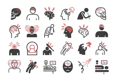 Travmatik beyin hasarı ikonları. Kafa yaralanması tedavisi. Web grafikleri için vektör işaretleri