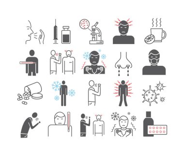 Grip oldum. Grip belirtileri, tedavi. Satır simgeleri ayarlandı. Web grafikleri için vektör işaretleri.