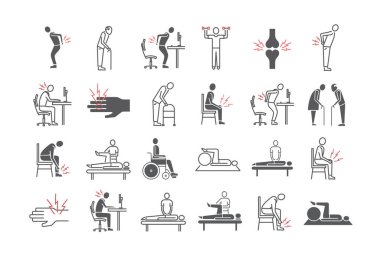 Eklem ağrısı. Düz simgeler ayarlandı. Web grafikleri için vektör işaretleri.
