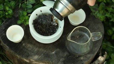 Yeşilliklerle çevrili ahşap bir kütüğe çay yaprakları dökülen çay fincanına yakın çekim..
