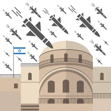 Missiles targeting an Israeli building with flag, representing aggression against Israel. clipart