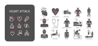 Kalp krizi çizgisi simgeleri. Semptomlar, tedavi. Web grafikleri için vektör işaretleri