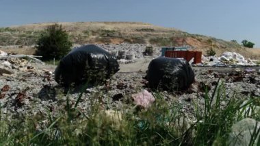 Kirlilik ve çevre kaygılarını vurgulayan, siyah çöp torbaları ve dağınık atıklarla dolu taşan bir çöp sahası.