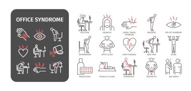 Office syndrome infographic. Symptoms and causes. Line icons set. Vector signs for web graphics. clipart